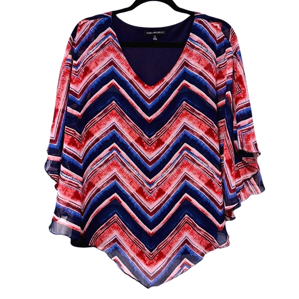 Sara Michelle Womens XL Red Blue White Chevron Chiffon Sharkbite‎ Top 6069MCBIPP